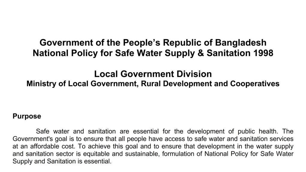 National Policy for Safe Water Supply & Sanitation 1998)